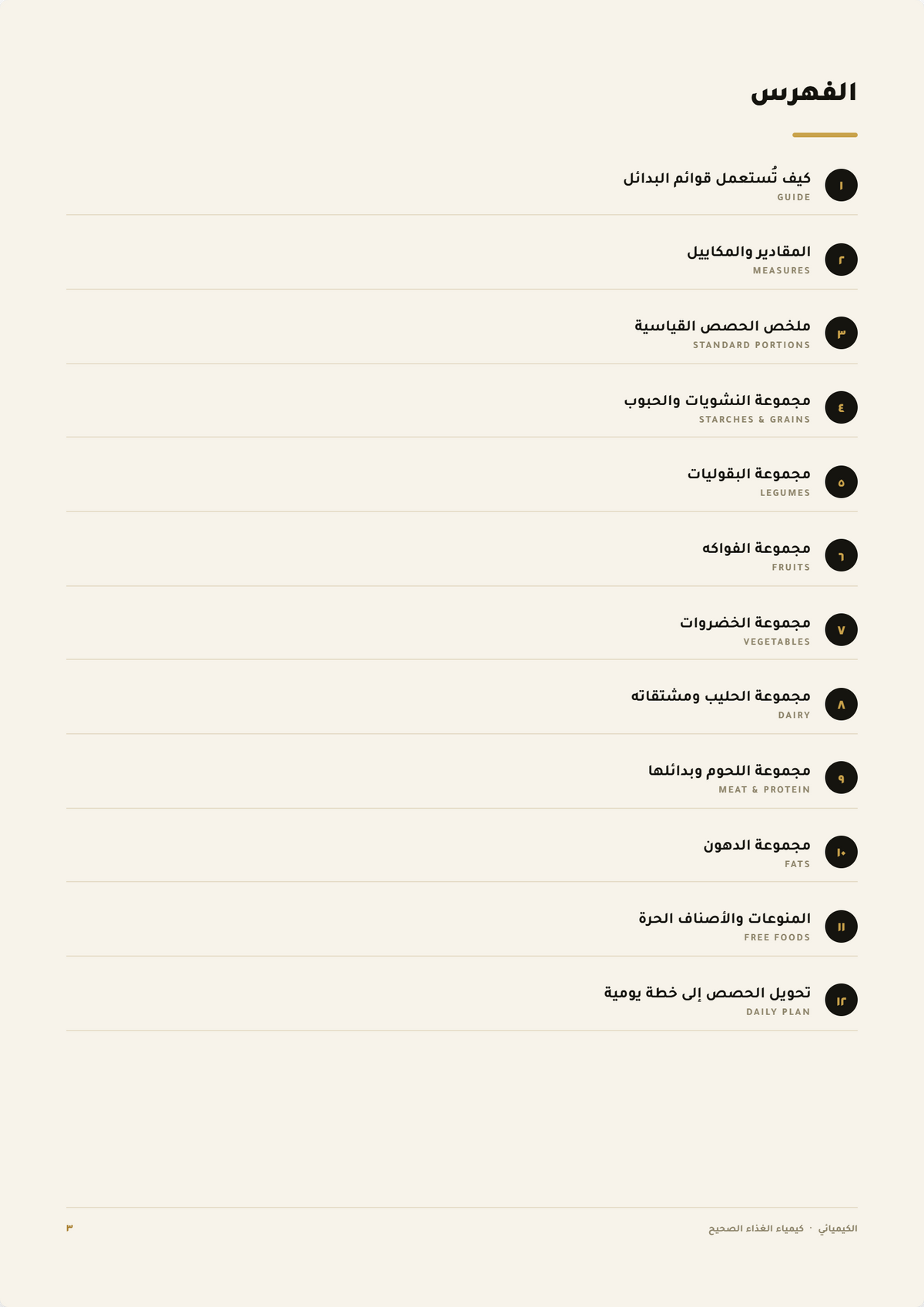 فهرس محتويات كتاب قوائم البدائل الغذائية